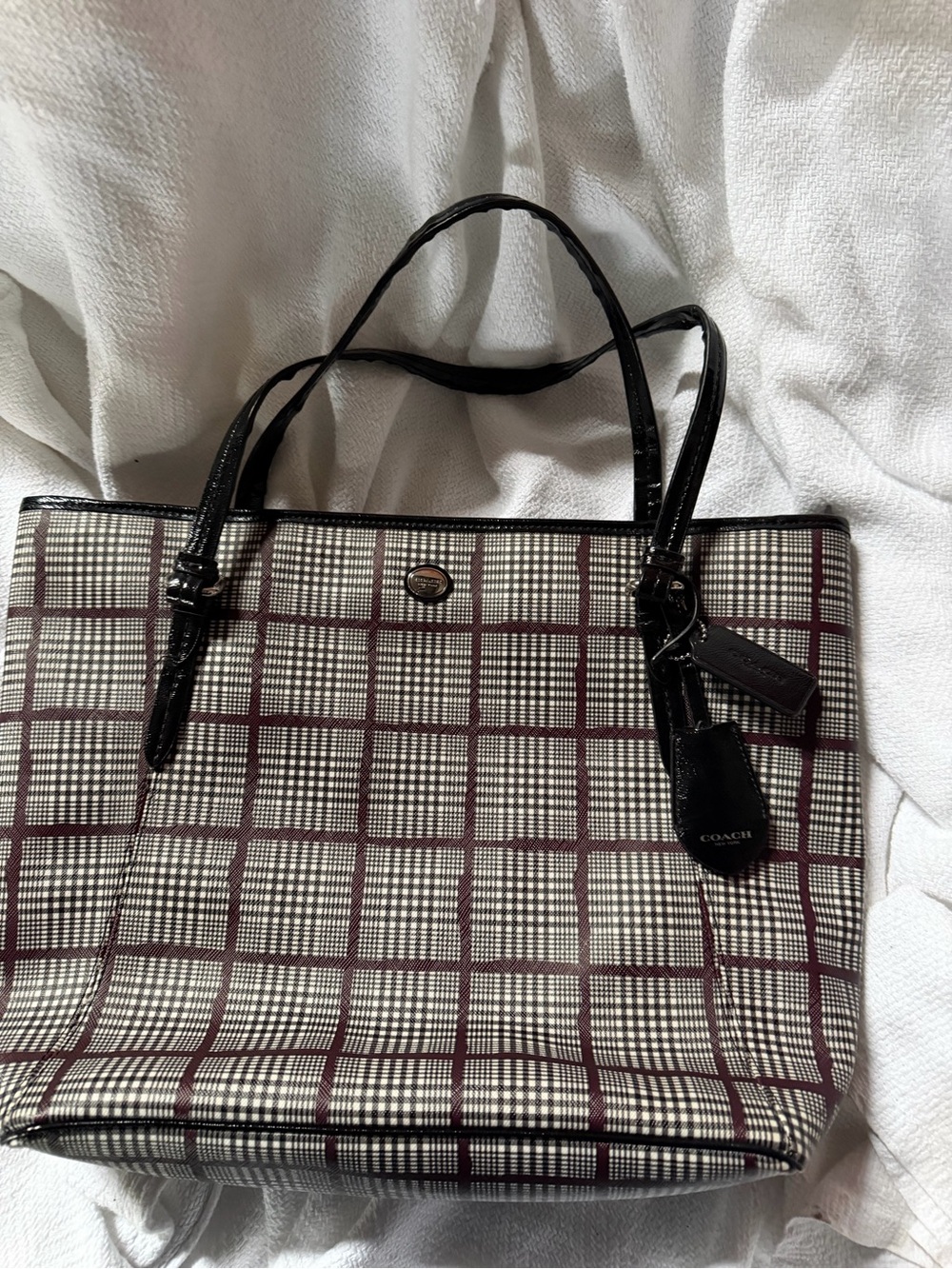Coach Black and Burgundy Plaid Tote with Patent Trim